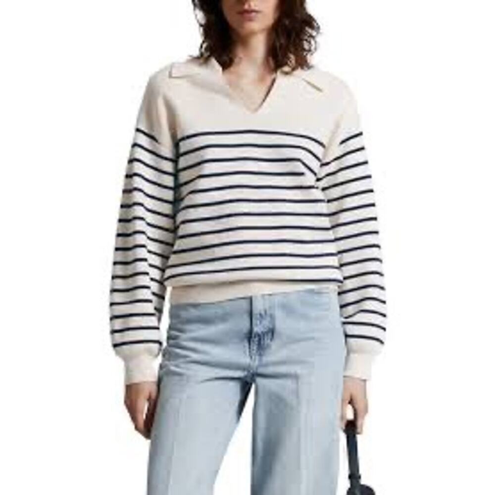 & Other Stories Breton Stripe Cotton Blend Sweater in Cream & Navy Blue Sz Small